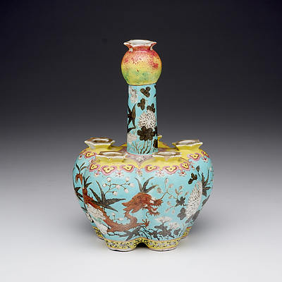 Rare Antique Chinese Famille Rose Crocus Vase with Garlic Bulb Base and Pomegranate Mouth, Late Qing 19th Century
