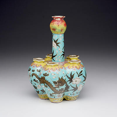 Rare Antique Chinese Famille Rose Crocus Vase with Garlic Bulb Base and Pomegranate Mouth, Late Qing 19th Century