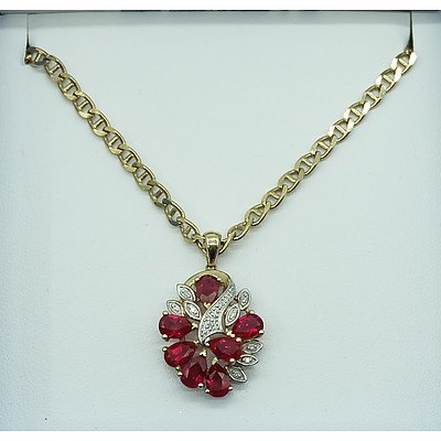 9ct Yellow Gold Pendant with Created Ruby and Small Single Cut Diamonds