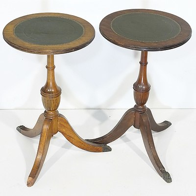 Pair of Vintage Wine Tables with Gilt Tooled Leather Top and Lion Paw Sabots