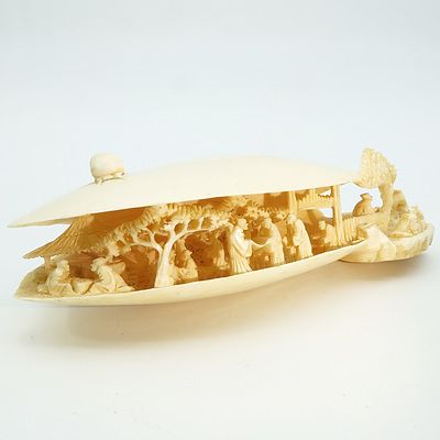 Chinese Ivory Carving of a Village Scene in a Clam Shell