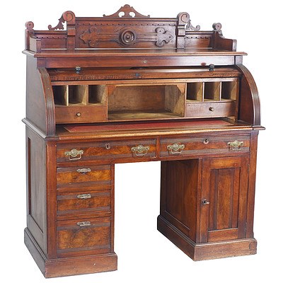 Late Victorian Walnut Eastlake Style Cylinder Top Desk Circa 1890