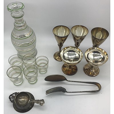Art Glass Liqueur Set, Cast Iron Iron, Crusader Sliver Plate Goblets and More