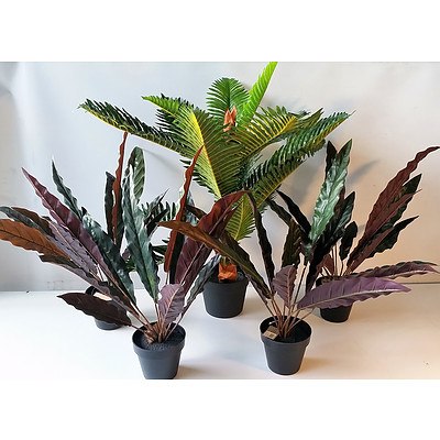 Lot of 5 Artificial Palm and plants in pots.