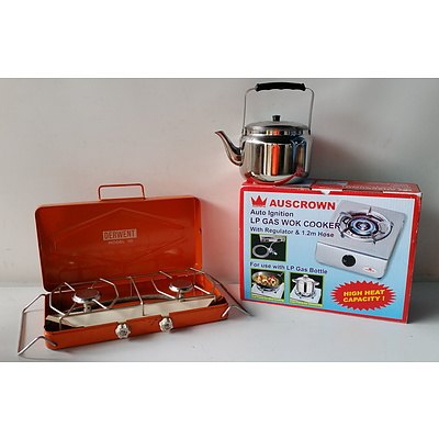 Lot of 2 portable stoves and 1 metal tea pot