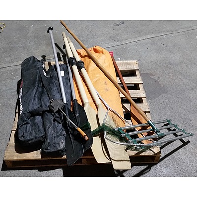 Assorted Collection of Camping Equipment and Collection of nets and paddles