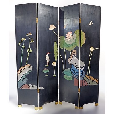 Vintage Chinese Coromandel Lacquer Four-Fold Screen Decorated with Pheasant in a Rock Garden and Lotus and Waterbirds, Late 20th Century