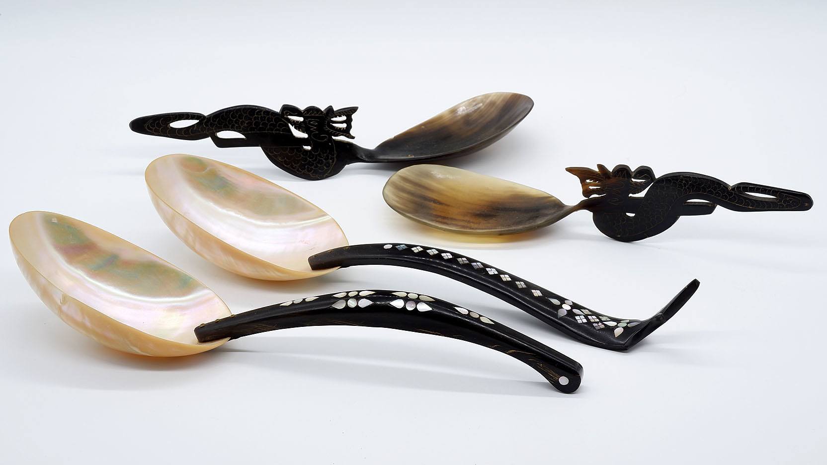 'South East Asian Buffalo Horn and Shell Inlaid Serving Spoons'