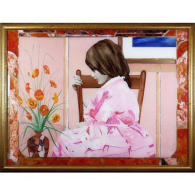 Geoffrey Proud (b. 1946), Girl in Pink Dress, Mixed Media on Glass