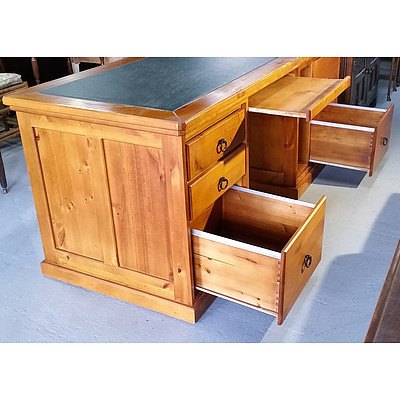 Pine and Leather Inlaid Writing Desk