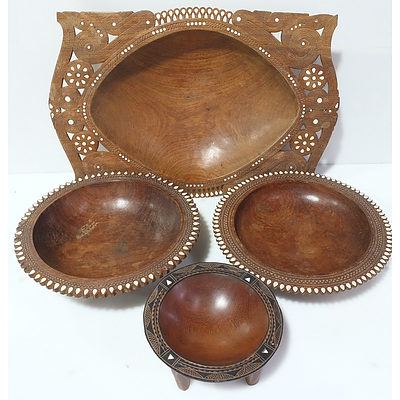 Large Trobriand Island Carved and Shell Inlay Feast Dish and 3 Other Oceanic Bowls