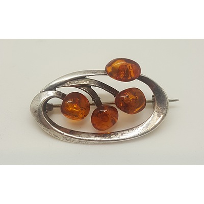 Vintage Sterling Silver and Amber Brooch
