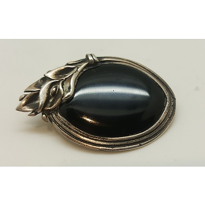 Art Nouveau Sterling Silver and Onyx Brooch