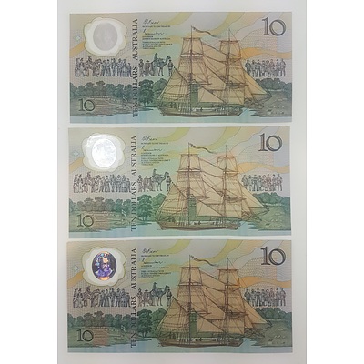 Three 1988 Australian Polymer Bicentennial Commemorative $10 Notes