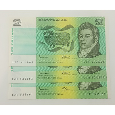 Three Consecutive Serial Numbered 1985 Last Year of Issue Australian $2 notes