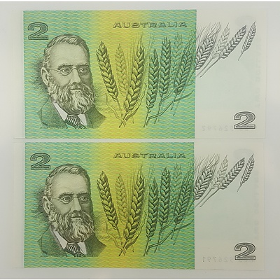Two Consecutive Serial Numbered 1985 Last Year of Issue Australian $2 notes