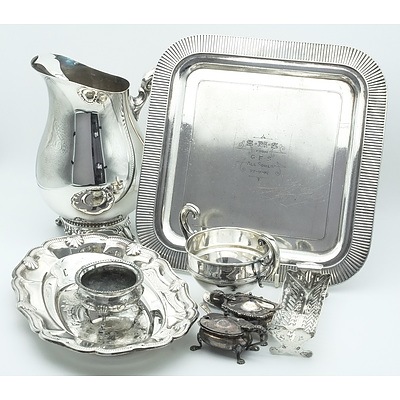 Group of Silver Plate Including Meriden Tray with Inscription, Viners Silver Plate Water Pitcher and More