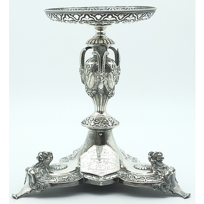 Victorian James Dixon and Sons Silver Plate Goat and Lion Decorated Tazza With Inscription of Port Adelaide Rifle Company 1880