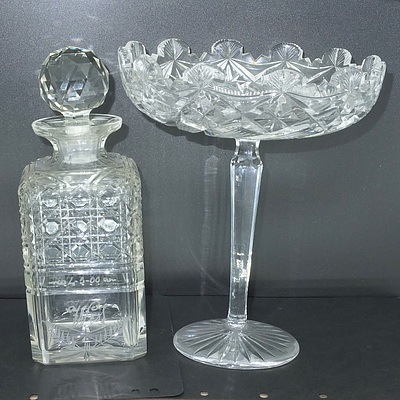 Victorian Cut Glass Decanter and Tall Stemmed Cut Crystal Tazza