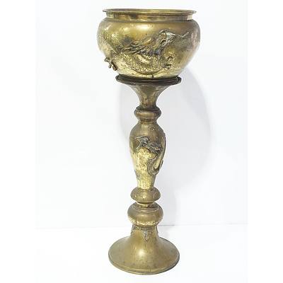 Antique Japanese Brass Dragon Jardinière and Stand