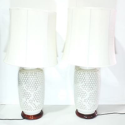Pair of Asian Pierced Porcelain Table Lamps with Silk Shades