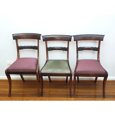 Seven Regency Rosewood Rail Backed Sabre Legged Dining Chairs