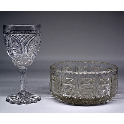 Elaborately Hand Cut Crystal Bowl and Wine Glass