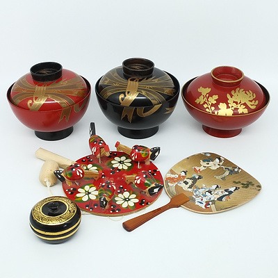 Group of Asian Ornaments, Including Thai Bone Carving, Chinese Carved Cork Scene and a Gilt Paper Fan Decorated with Crane