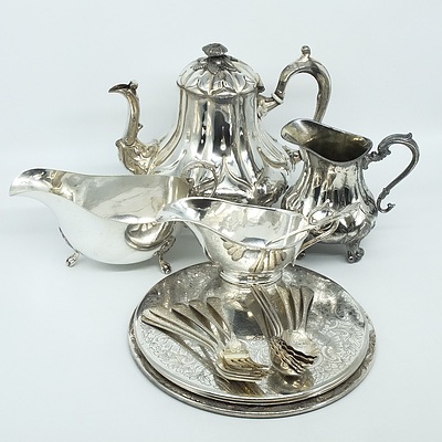 Group of Silver Plate, Including Antique Teapot, Rodd Entree Forks and More