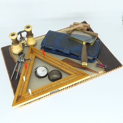 Pair of Opera Glasses, Leather Bound Card Set, Cribbage Board and More