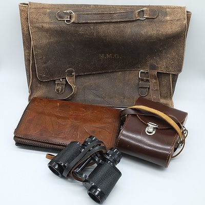 Vintage Leather Briefcase Initialled HMG, A Tooled Leather Purse and a Pair of Carl Zeiss Binoculars