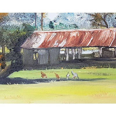 Julio Pena, Chickens on a Farm, Plein Air Painting