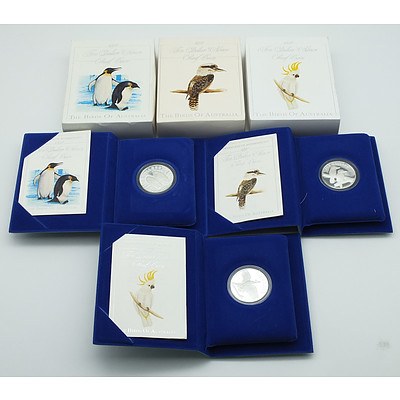 Three Ten Dollar Silver Proof Coins Birds of Australia 1989, 1990 and 1992