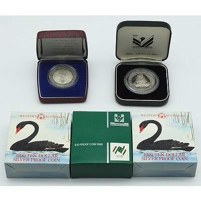 Five 10 Dollar Silver Proof Coins, 1982, 1986, 1988, 1990, 1990