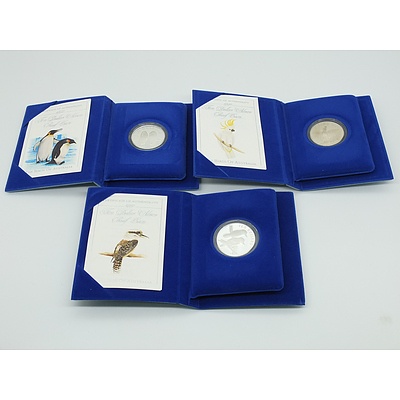 Three Ten Dollar Silver Proof Coins Birds of Australia 1989, 1990 and 1992
