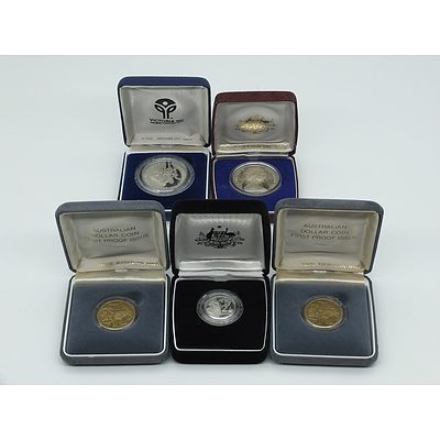 Five Proof Coins, Including 1985 $10 Silver Proof Coin and 1988 $2 Proof Coin