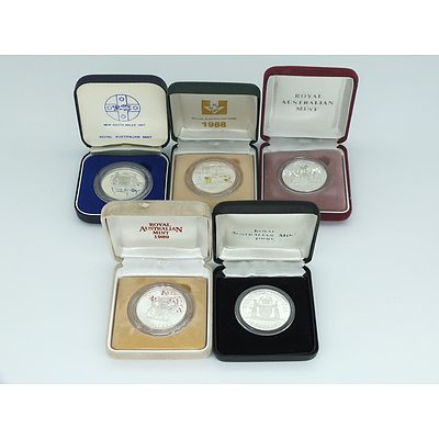 Five $10 Silver Proof Coins, 1987, 1988, 1989, 1990, 1992