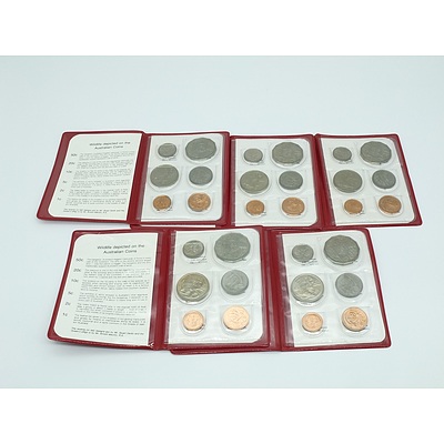 Five 1980 RAM Red Wallet Uncirculated Coin Sets