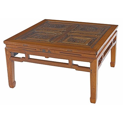 Chinese Elm and Pine Carved Low Square Table with Glass Top