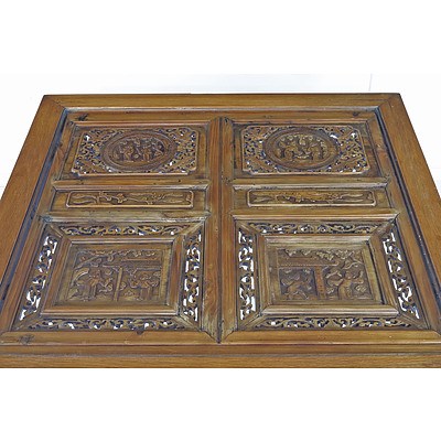 Chinese Elm and Pine Carved Low Square Table with Glass Top