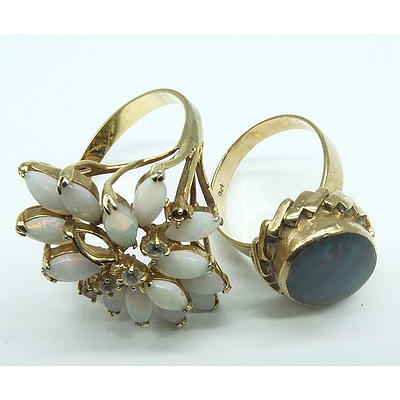 Base Metal Ring with Multiple Marquise Cabochons on White Opals, 9ct Yellow Gold Oval Opal Triplet