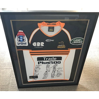 Framed 2018 Signed Plus500 Brumbies Rugby Jersey with Certificate of Authenticity