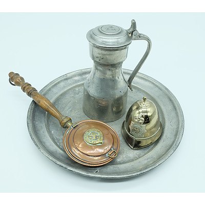 Two Antique Pewter Wares, Miniature Warming Pan and a Miniature Police Helmet