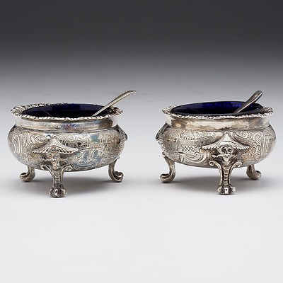 Pair of Profusely Engraved Sterling Silver Open Salts with Chinese Motif John Eley London 1850