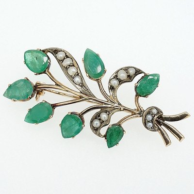 9ct Yellow Gold and Silver Brooch with Sever Pearl Shaped Natural Emerald and Seed Pearl