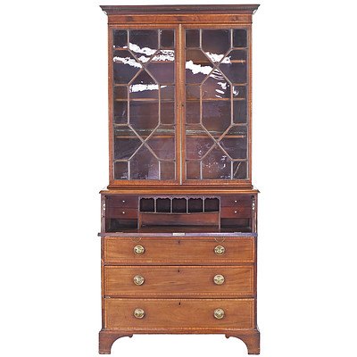 George III String Inlaid and Crossbanded Mahogany Secretaire Bookcase Early 19th Century