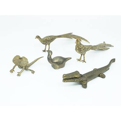 Group of Brass and Other Animal Ornaments, Including Crocodile Nut Cracker