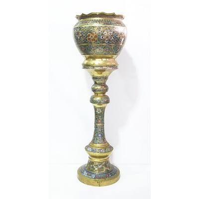 Japanese Champleve Enamel Archaistic Design Jardiniere and Stand, Late Meiji Period