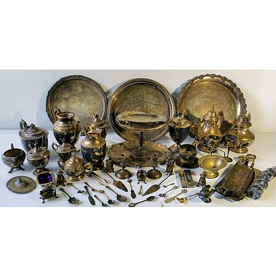 Bulk Lot of Silver Plate Chased and Engraved Butler Trays, Coffee and Tea Pots, Condiment Sets and More
