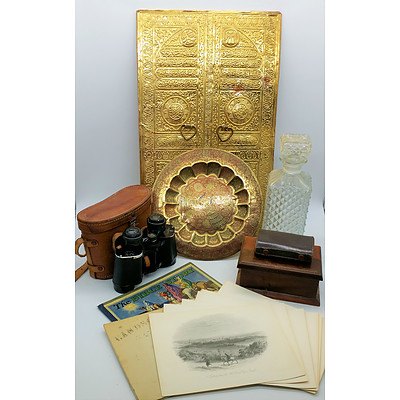 Islamic Pressed Brass Rouposse Door, Crown Mercury Binoculars, Glass Decanter and More